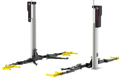 ELEVADOR DOS COLUMNAS CON CHASIS DE DOBLE SISTEMA Y  VEHICULOS ELÉCTRICOS